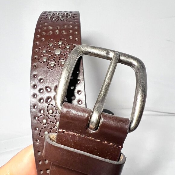 Brown Bonded Leather Women's Studded Embroidered Flowers-Silver Buckle-Size Lg - Picture 3 of 12